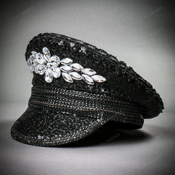 Steampunk Burning Man Captain Hat with Silver Rhinestones - Black - Picture 3 of 10